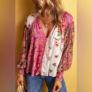 Free People NEW Pink White Floral Paisley Blouse button new patchwork oversized
